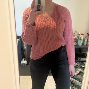 Cozy V-Neck Cable Knit Sweater in Dusty Rose